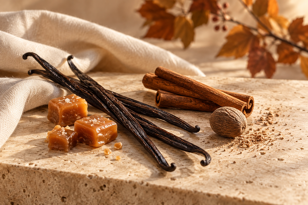 Vainilla, caramelo, canela y nuez moscada en una composición de otoño