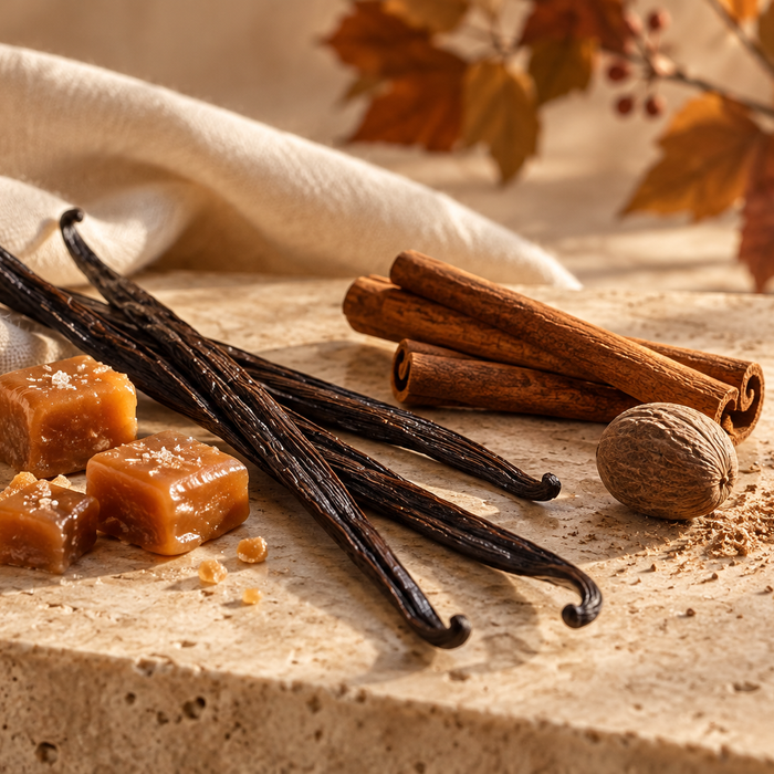 Vainilla, caramelo, canela y nuez moscada en una composición de otoño