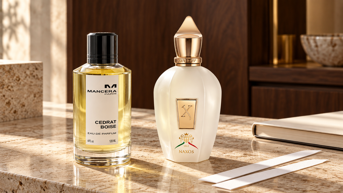 Cedrat Boise de MANCERA y Naxos de XERJOFF junto a tiras olfativas sobre una mesa de perfumería.