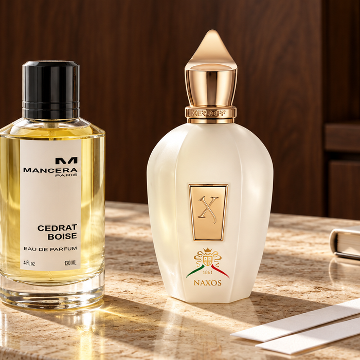 Cedrat Boise de MANCERA y Naxos de XERJOFF junto a tiras olfativas sobre una mesa de perfumería.