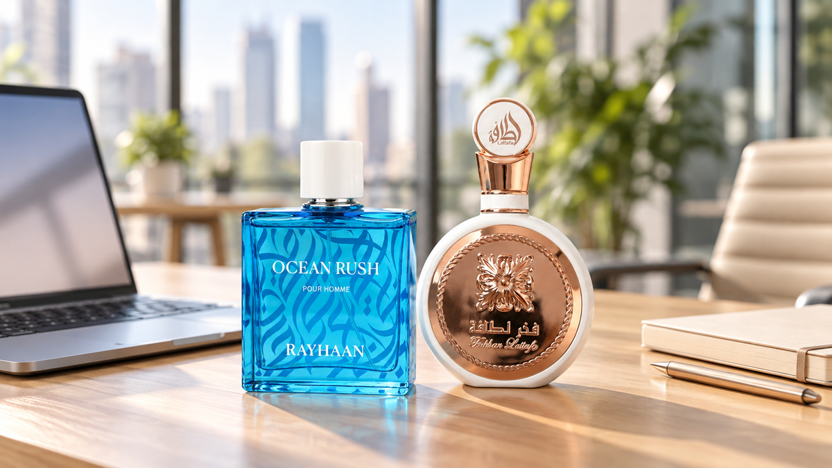 Ocean Rush de RAYHAAN y Fakhar Women de LATTAFA sobre un escritorio luminoso, junto a un portátil y una libreta