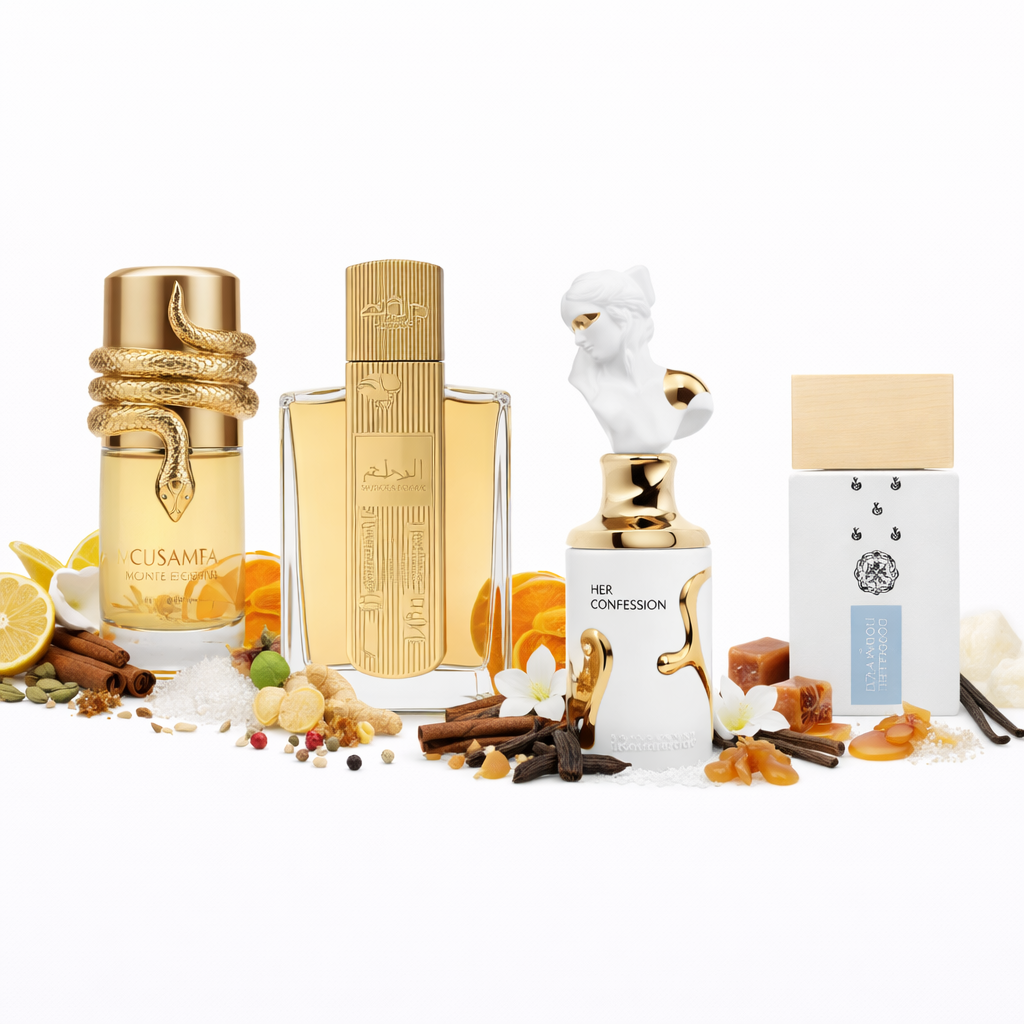 Selección de perfumes árabes para mujer con aromas de vainilla y caramelo, frascos elegantes sobre fondo blanco para invierno.
