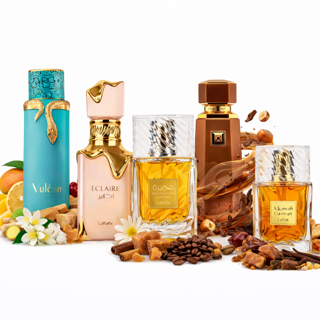 Colección de perfumes árabes más vendidos en España, botellas decorativas con granos de café y flores sobre fondo blanco.