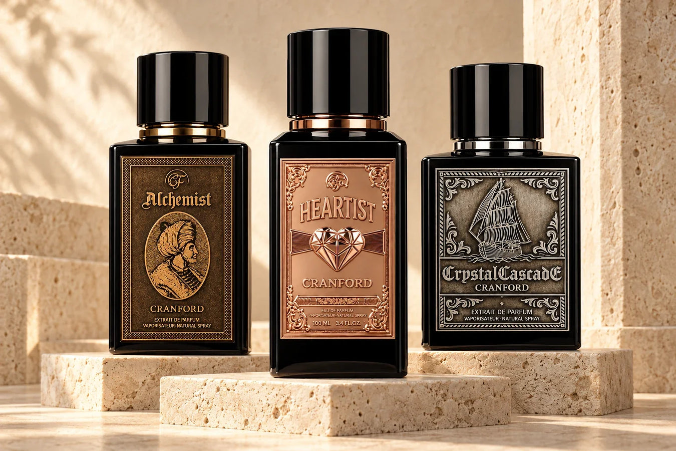 Alchemist, Heartist y Crystal Cascade de CRANFORD sobre travertino.