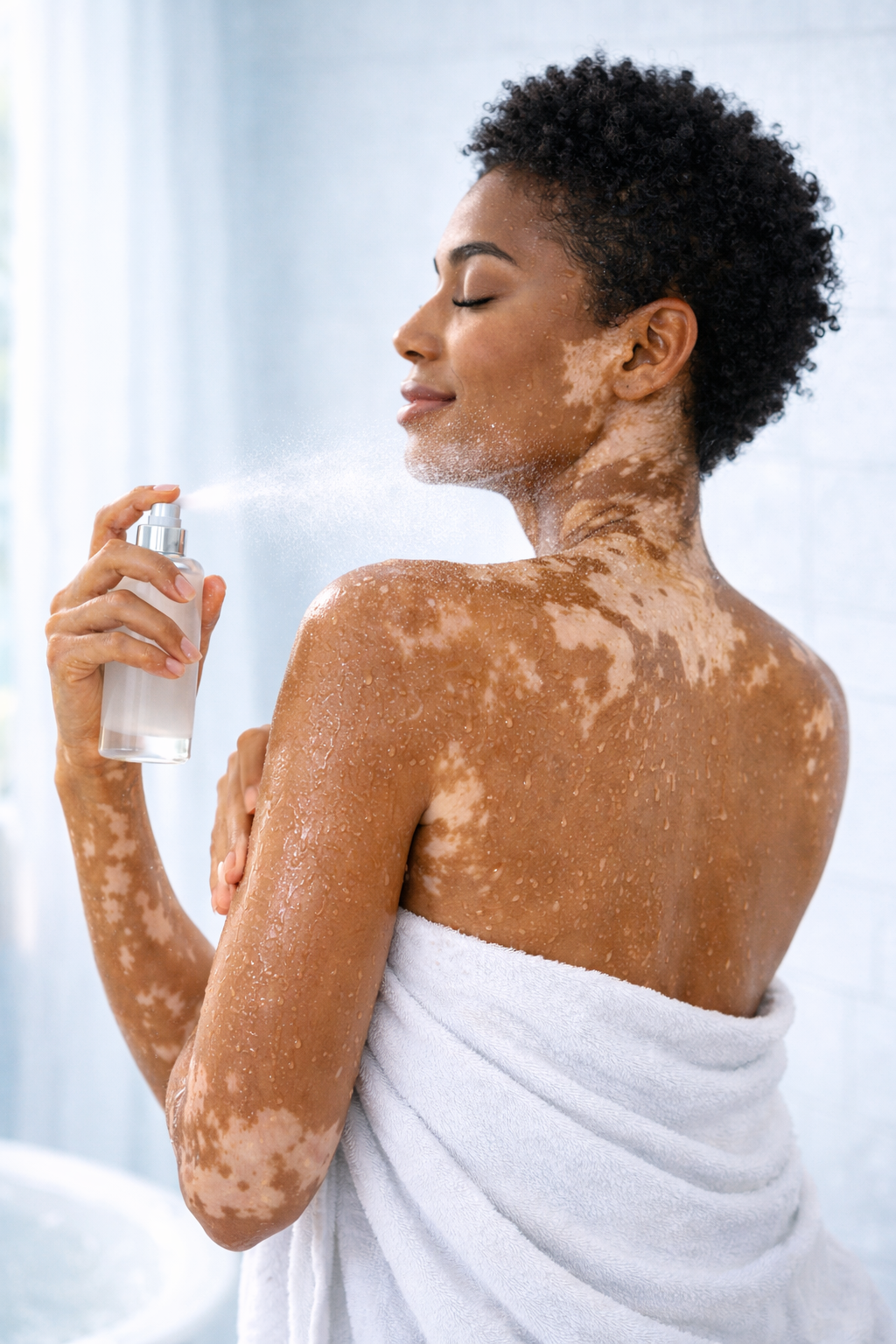 Mujer de color con vitiligo recien salida de la ducha aplicando un body splash re