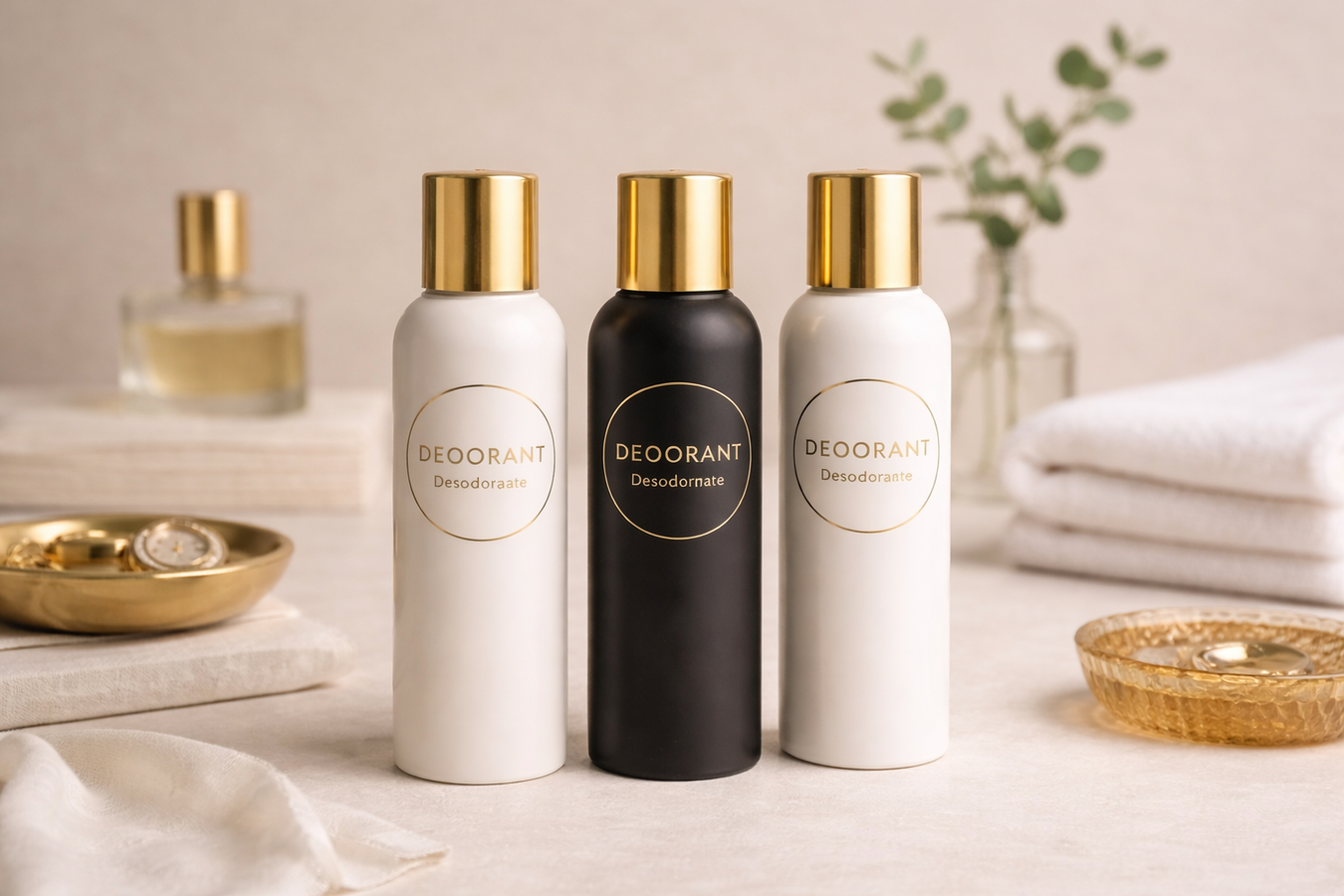 Desodorantes en spray premium con diseño elegante y acabado dorado, ideales para cuidado personal diario.
