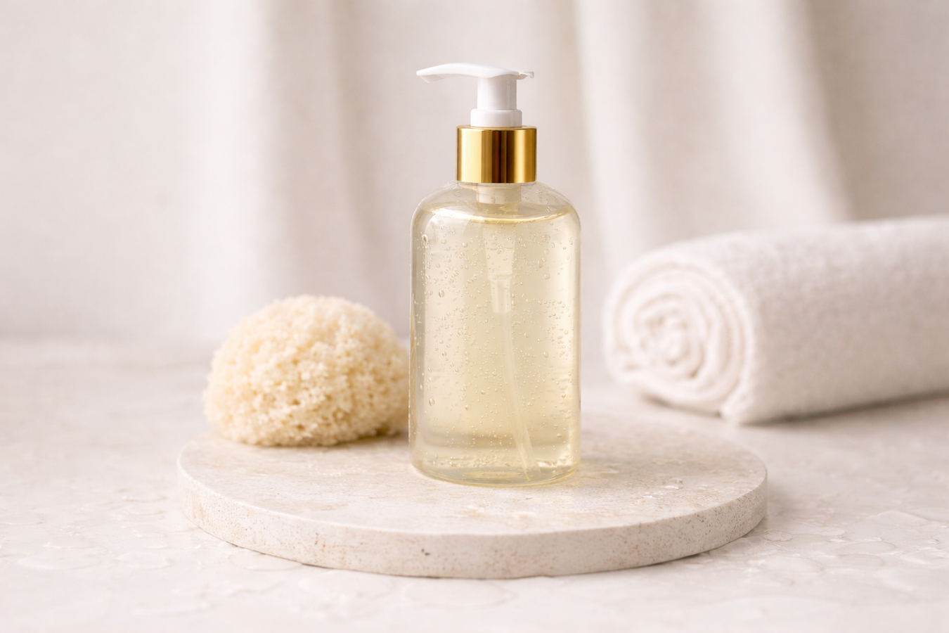 Gel de ducha premium en envase transparente con dosificador dorado sobre fondo neutro estilo spa