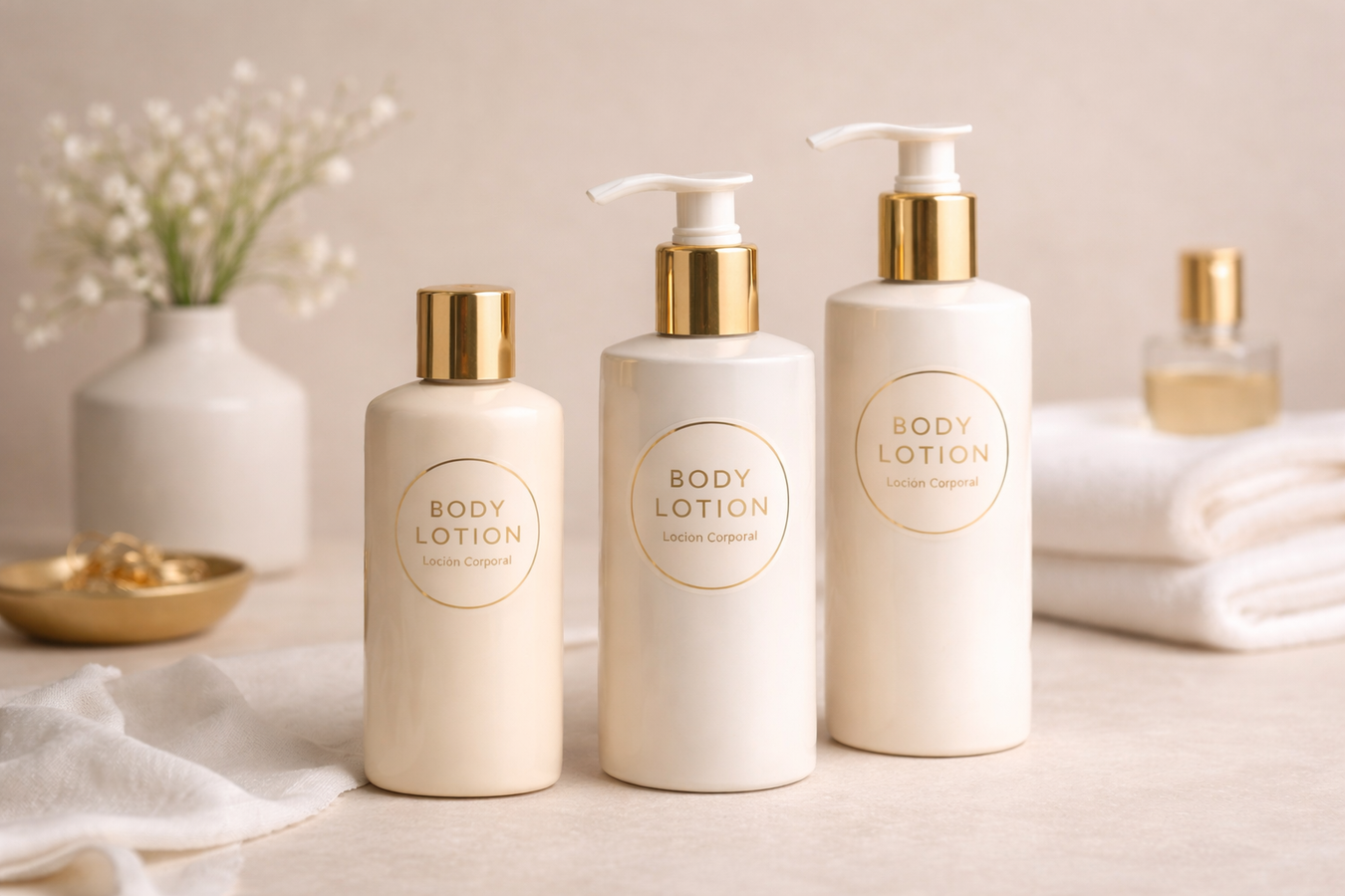 Body Lotion hidratante premium con envases elegantes y diseño minimalista para cuidado corporal diario