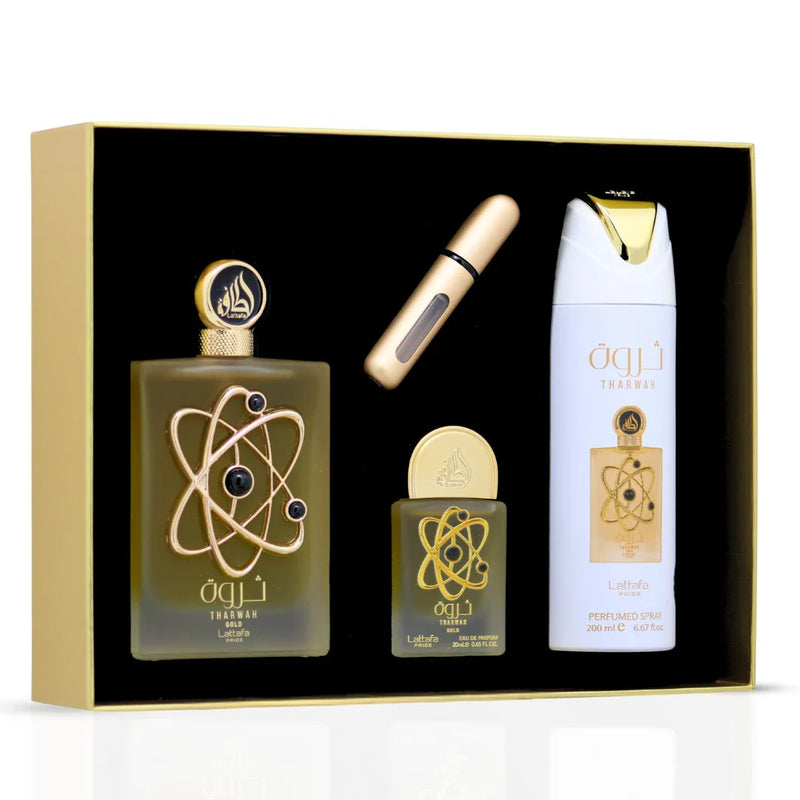 Tharwah Gold Lattafa Gift Set | Eau de Parfum + Spray + Mini Tharwah Gold Lattafa Gift Set | Eau de Parfum + Spray + Mini