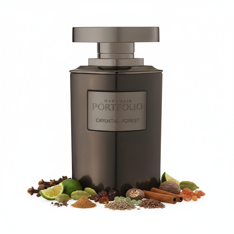 Frasco de perfume Portfolio Oriental Forest de Al Haramain, acabado bronce gunmetal, con notas de clavel, bergamota, cardamomo, canela, nuez moscada, ládano, gálbano, comino, cedro y mirra