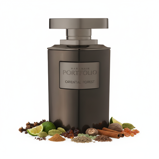 Frasco de perfume Portfolio Oriental Forest de Al Haramain, acabado bronce gunmetal, con notas de clavel, bergamota, cardamomo, canela, nuez moscada, ládano, gálbano, comino, cedro y mirra