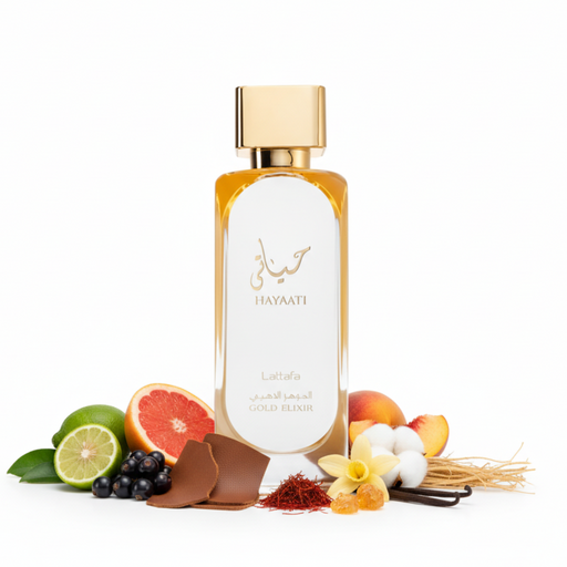 Frasco de perfume Hayaati Gold Elixir de Lattafa EDP, botella rectangular redondeada con vidrio ámbar dorado y gran etiqueta blanca ovalada con caligrafía árabe dorada HAYAATI y texto Lattafa Gold Elixir en oro, tapón cuadrado dorado brillante, sobre fondo blanco, rodeado de bergamota, toronja, casís, cuero, durazno, azafrán, vainilla, ámbar, almizcle y vetiver.