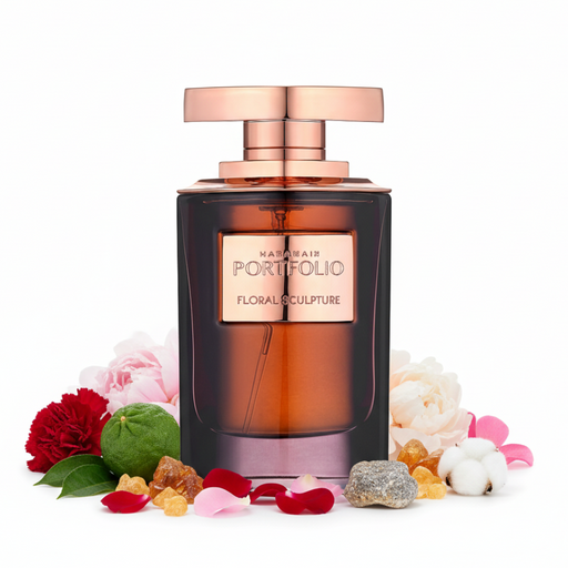 Frasco de perfume Al Haramain Portfolio Floral Sculpture EDP, botella rectangular redondeada de vidrio ahumado marrón oscuro con placa frontal oro rosa y texto PORTFOLIO FLORAL SCULPTURE, tapón doble nivel en oro rosa, sobre fondo blanco, rodeado de clavel, peonía, bergamota, pachulí, rosa, ámbar, benzuí, ámbar gris y almizcle.