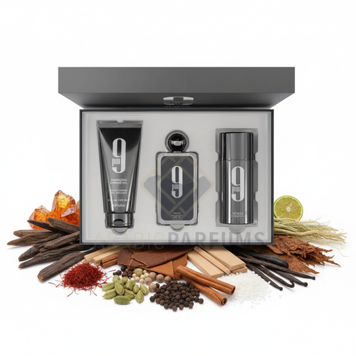 Afnan 9 PM Gift Set deschis cu fundal alb și ingrediente în jurul bazei