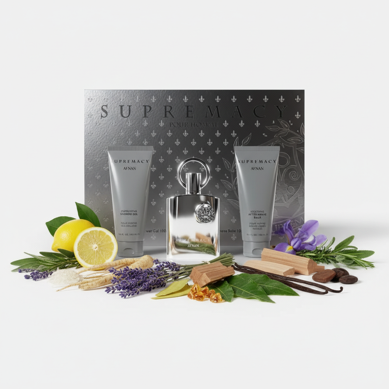 Afnan Supremacy Silver Gift Set cu fundal alb și ingrediente în jurul bazei