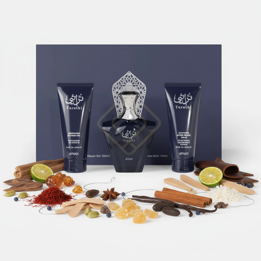 Afnan Turathi Blue Gift Set cu fundal alb și ingrediente în jurul bazei