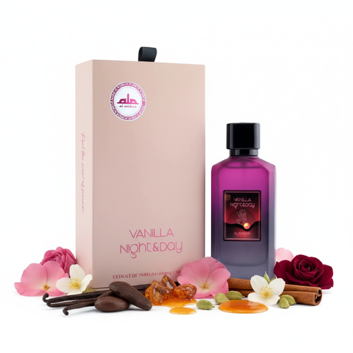 Al Ambra Vanilla Night & Day cu fundal alb și ingrediente în jurul bazei