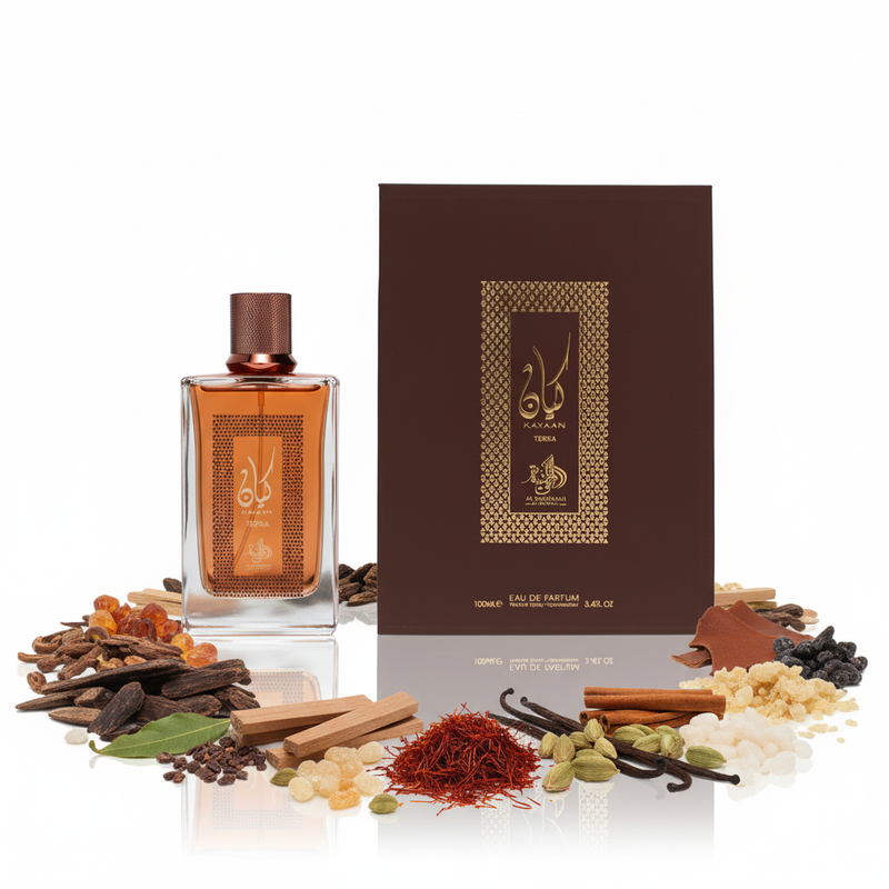 Al Wataniah Kayaan Terra cu fundal alb și ingrediente în jurul bazei