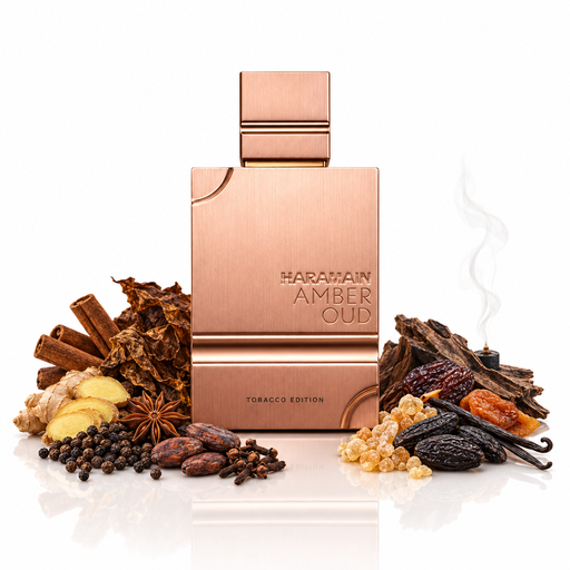 Amber Oud Tobacco Edition sobre fondo blanco con sus notas olfativas