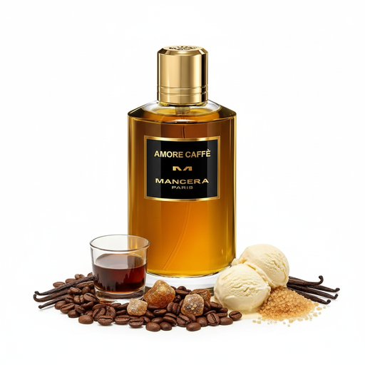 Amore Caffè Mancera golden perfume bottle with coffee vanilla gourmand notes