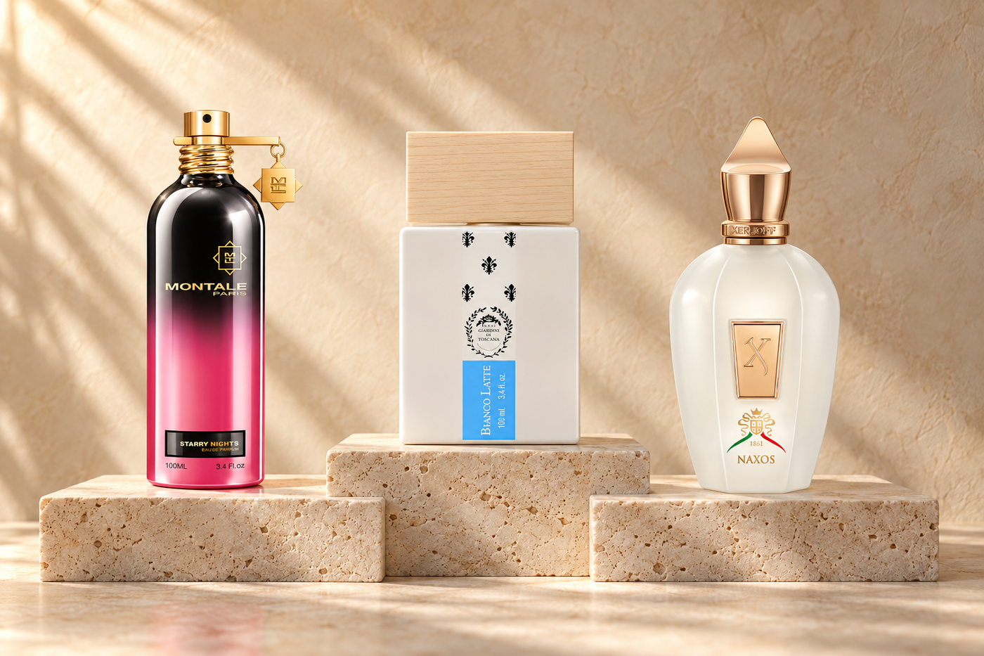Starry Nights de Montale, Bianco Latte de Giardini di Toscana y Naxos de Xerjoff sobre travertino