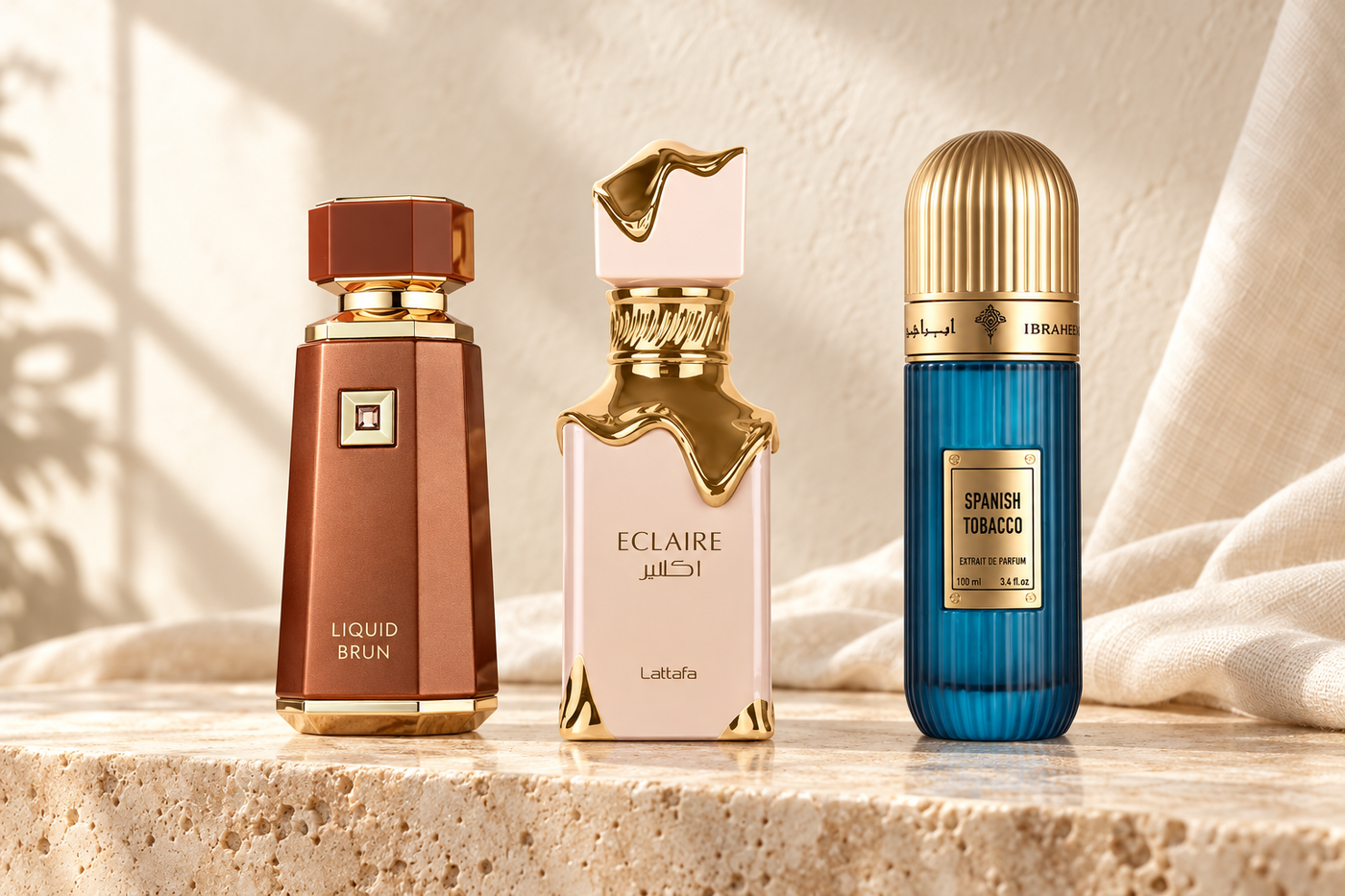 Liquid Brun, Eclaire y Spanish Tobacco: composición con productos de Arabic Parfums