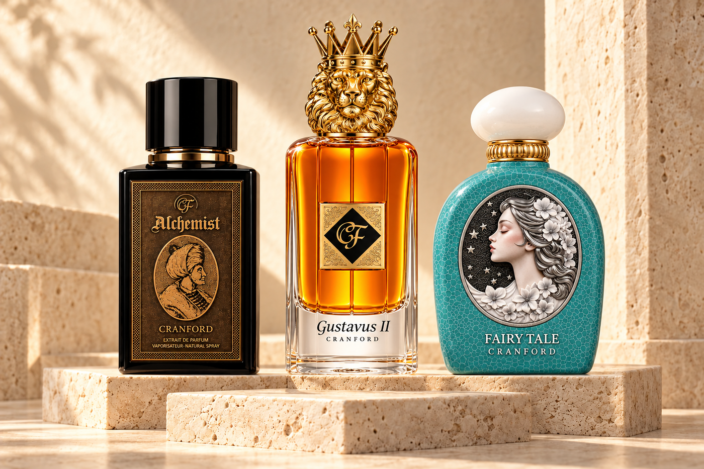 Alchemist, Gustavus II y Fairy Tale de CRANFORD sobre pedestales de travertino.