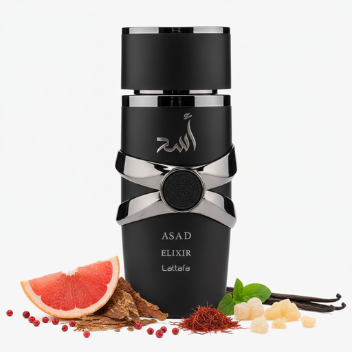 Asad Elixir black perfume bottle with citrus spicy woody notes