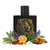Black perfume bottle with golden lion emblem spicy woody notes