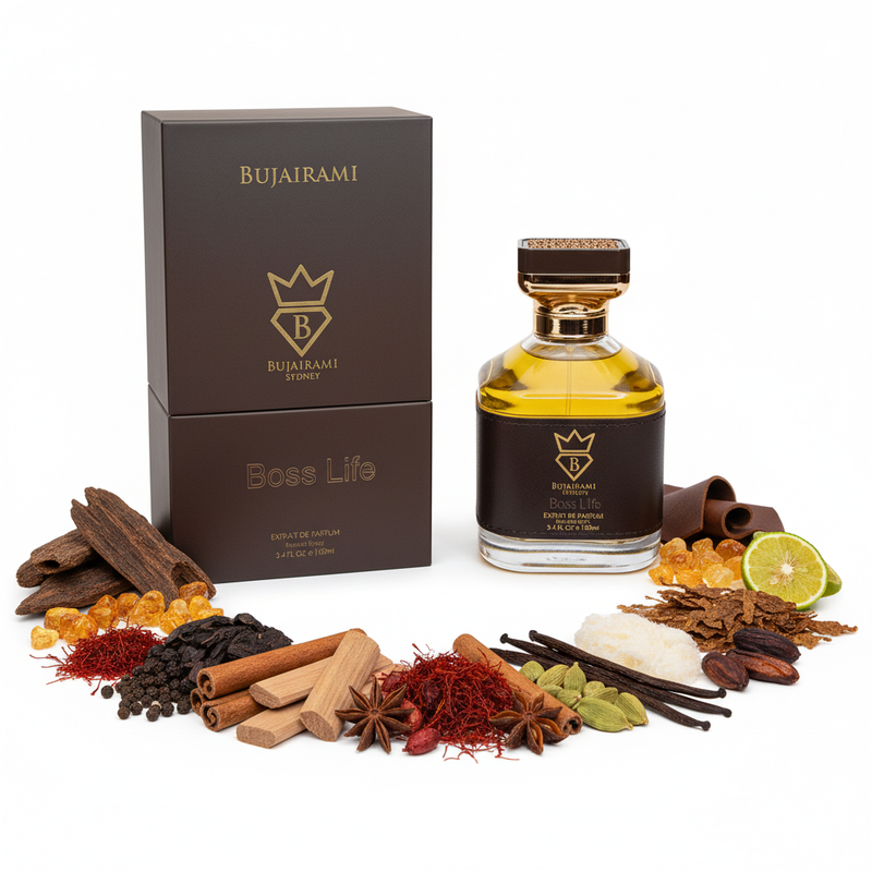 Bujairami Boss Life cu fundal alb și ingrediente în jurul bazei