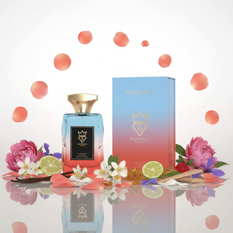 Bujairami gradient albastru-roz cu fundal alb și ingrediente în jurul bazei