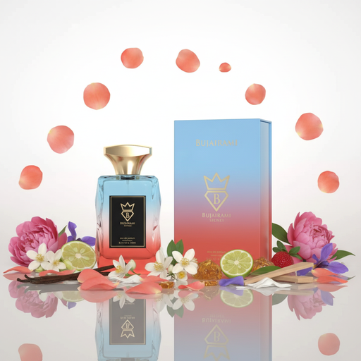 Bujairami gradient albastru-roz cu fundal alb și ingrediente în jurul bazei