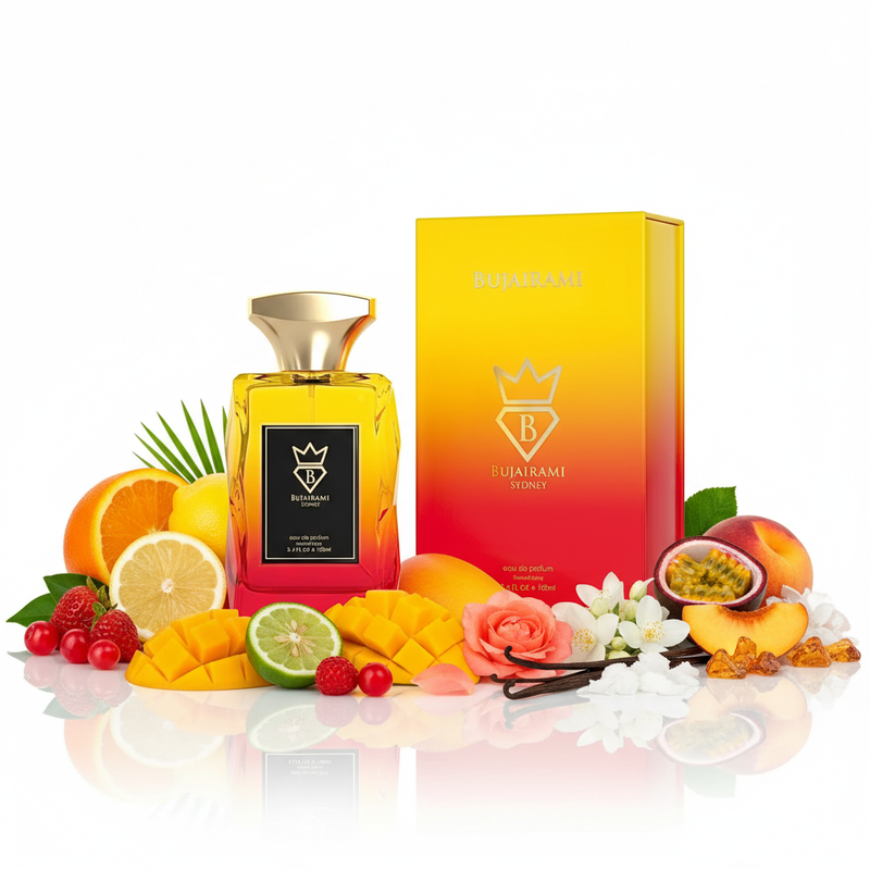 Bujairami gradient galben-portocaliu-roșu cu fundal alb și ingrediente în jurul bazei