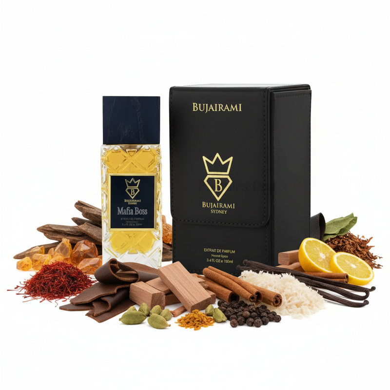 Bujairami Mafia Boss cu fundal alb și ingrediente în jurul bazei