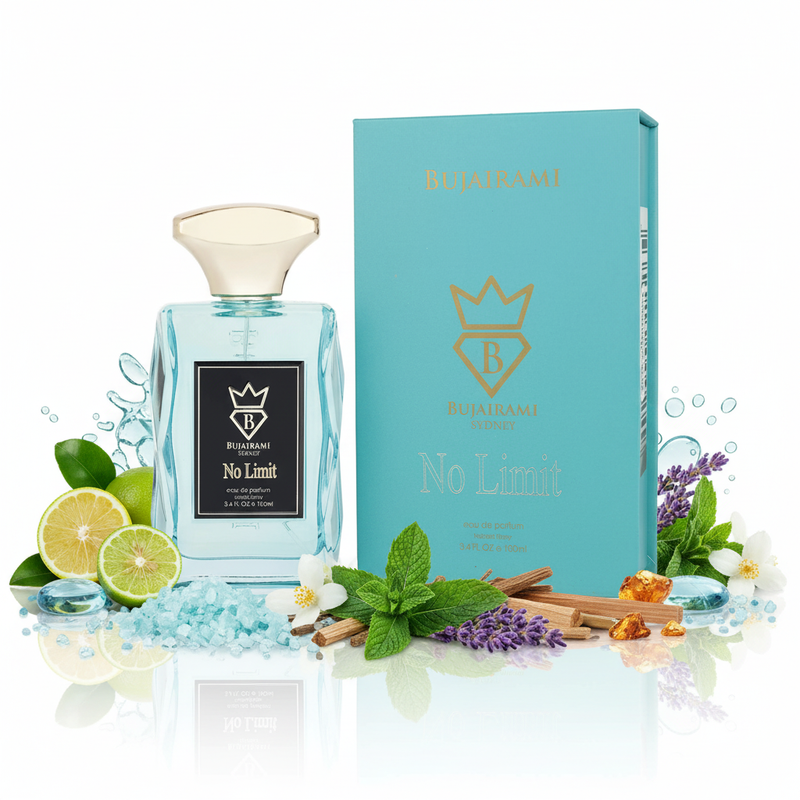 Bujairami No Limit cu fundal alb și ingrediente în jurul bazei