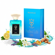 Bujairami Perfect Life cu fundal alb și ingrediente în jurul bazei