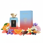 Bujairami Unforgettable cu fundal alb și ingrediente în jurul bazei