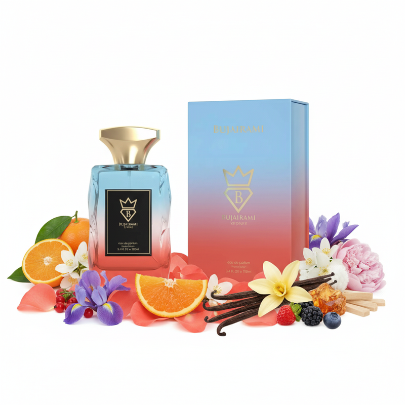 Bujairami Unforgettable cu fundal alb și ingrediente în jurul bazei