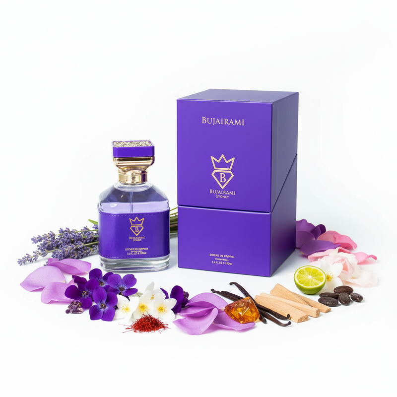 Bujairami violet cu fundal alb și ingrediente în jurul bazei
