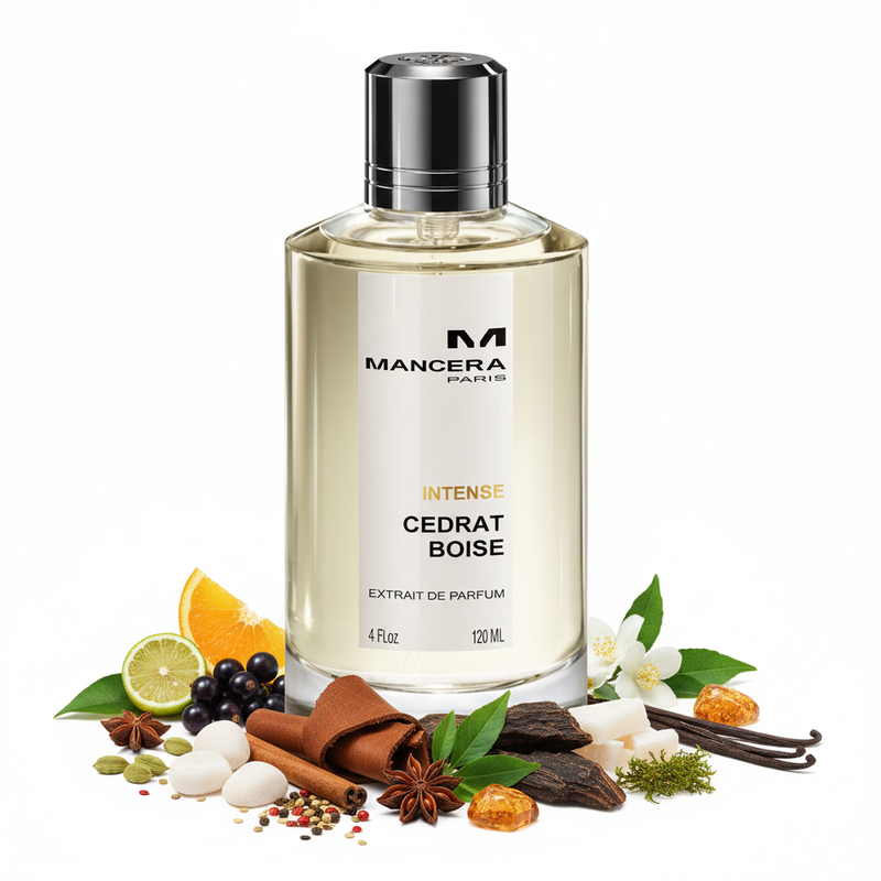 Cedrat Boise Mancera clear perfume bottle with citrus woody leather notes