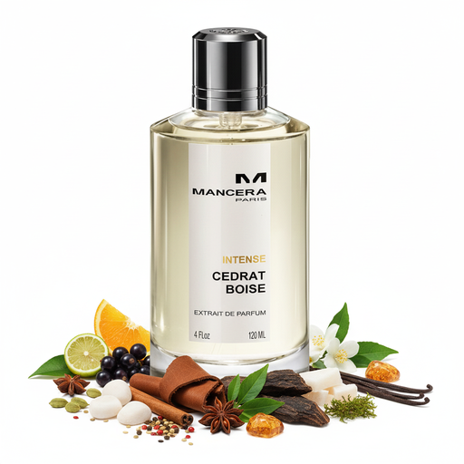Cedrat Boise Mancera clear perfume bottle with citrus woody leather notes