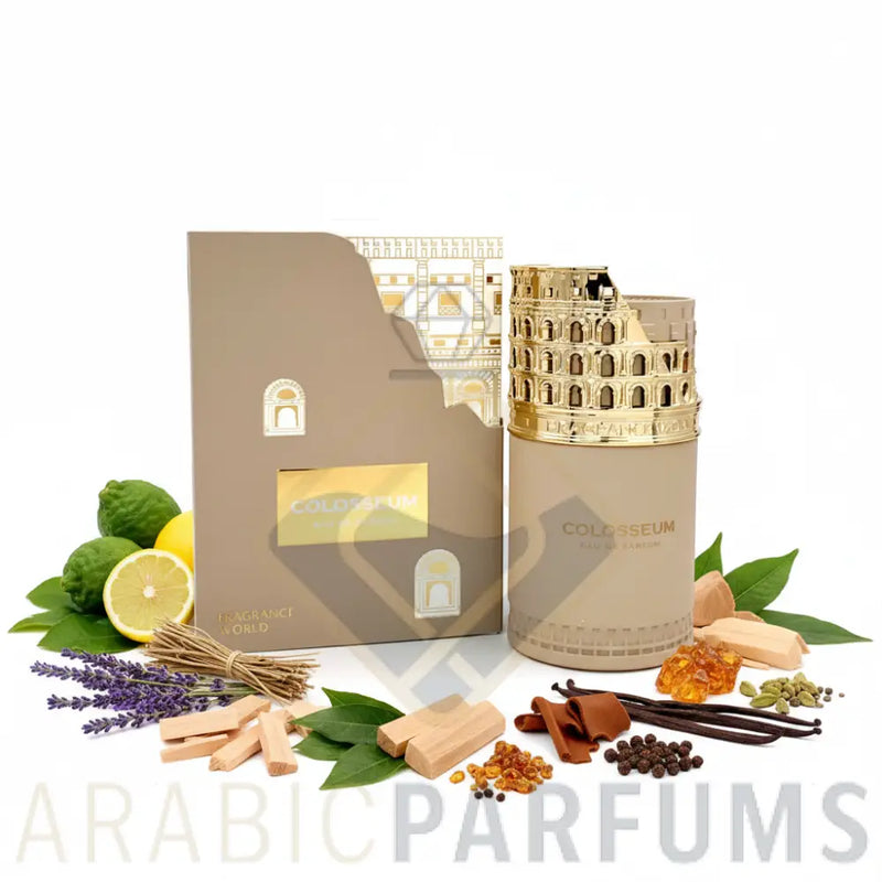 Fragrancy World Colosseum cu fundal alb și ingrediente în jurul bazei