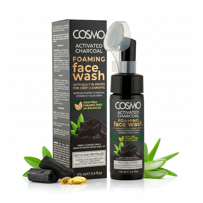 Cosmo Activated Charcoal Foaming Face Wash cu cutie și ingrediente