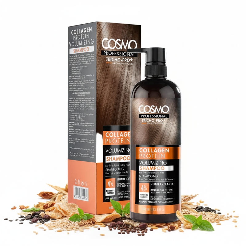 Cosmo Professional Collagen Protein Volumizing Shampoo cu cutie și ingrediente