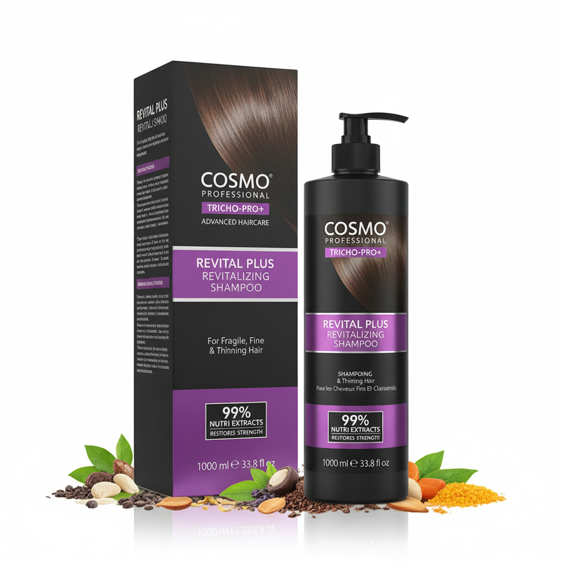 Cosmo Professional Revital Plus Revitalizing Shampoo cu cutie și ingrediente