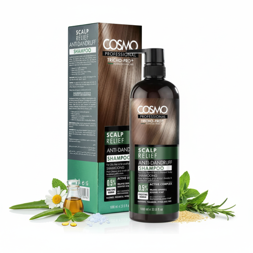 Cosmo Professional Scalp Relief Anti-Dandruff Shampoo cu cutie și ingrediente