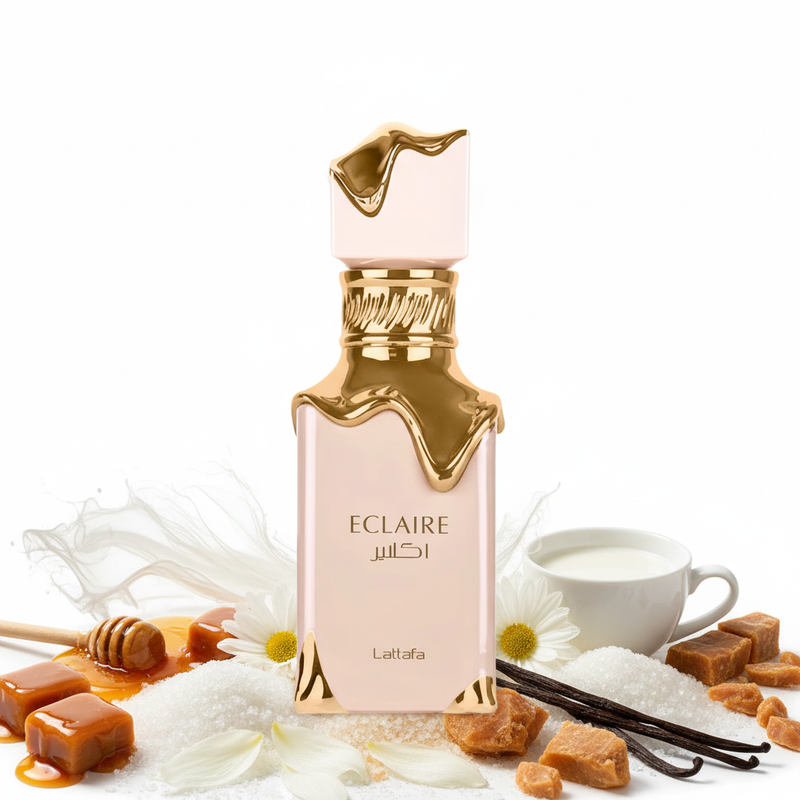 Eclaire Lattafa perfume árabe dulce con caramelo, vainilla y miel, frasco elegante con notas gourmand
