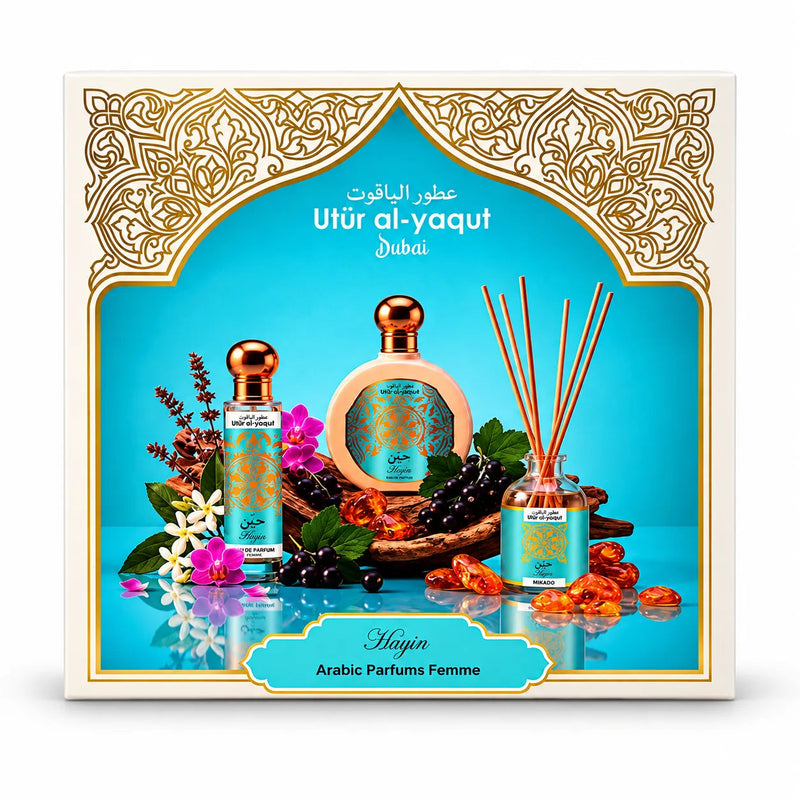 Estuche Hayin Utur Al-Yaqut SAPHIR: perfume 100 ml, perfume 30 ml y mikado