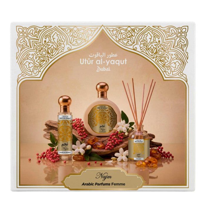 Estuche Najm Utur Al-Yaqut SAPHIR: perfume 100 ml, perfume 30 ml y mikado