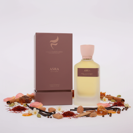 Fell Perfumes Asra cu fundal alb și ingrediente în jurul bazei